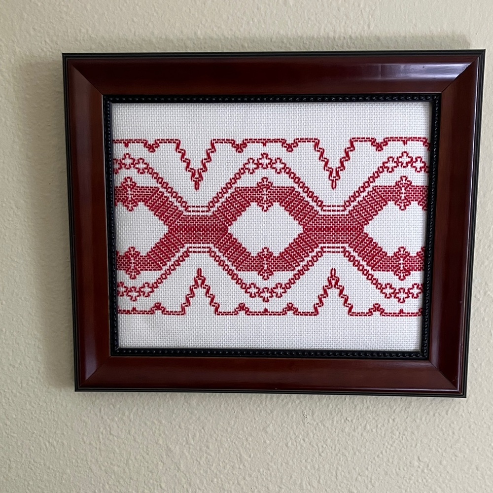 Hand Crafted Red and White Huckweaving Framed Artwork